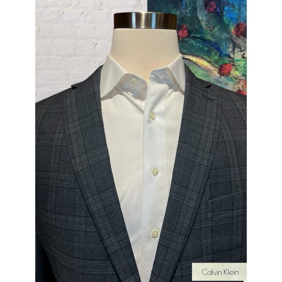 Calvin Klein Mens 48R Blue Gray Plaid Casual Blazer Sport Coat Jacket - Picture 3 of 16